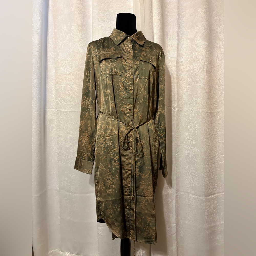 Elegant Olive Floral Shirt Dress